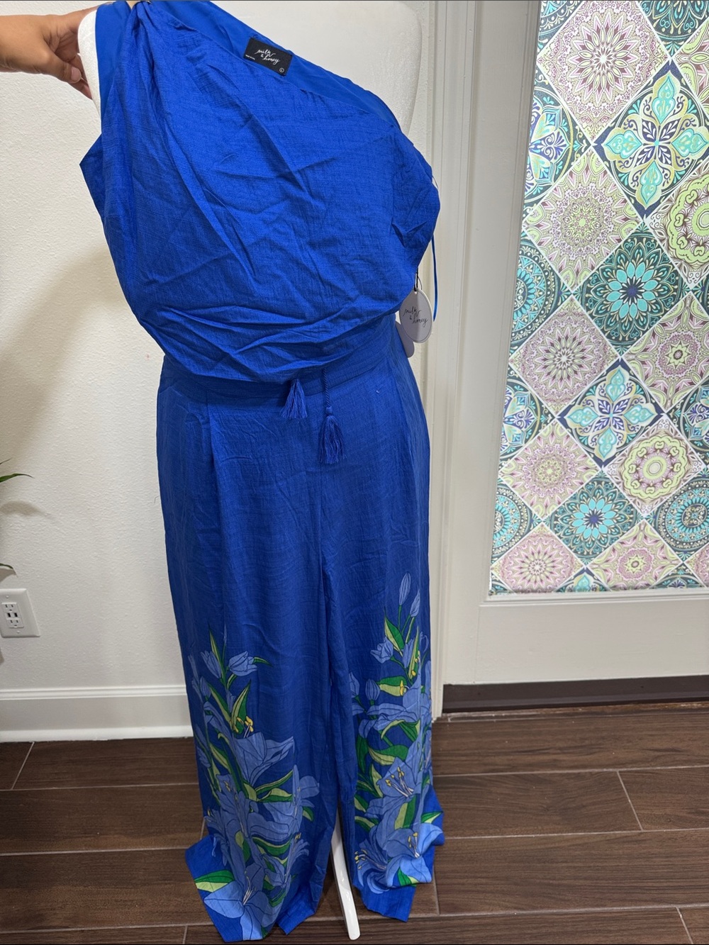 Royal Blue Floral Wide-Leg Jumpsuit with Tassel Tie
